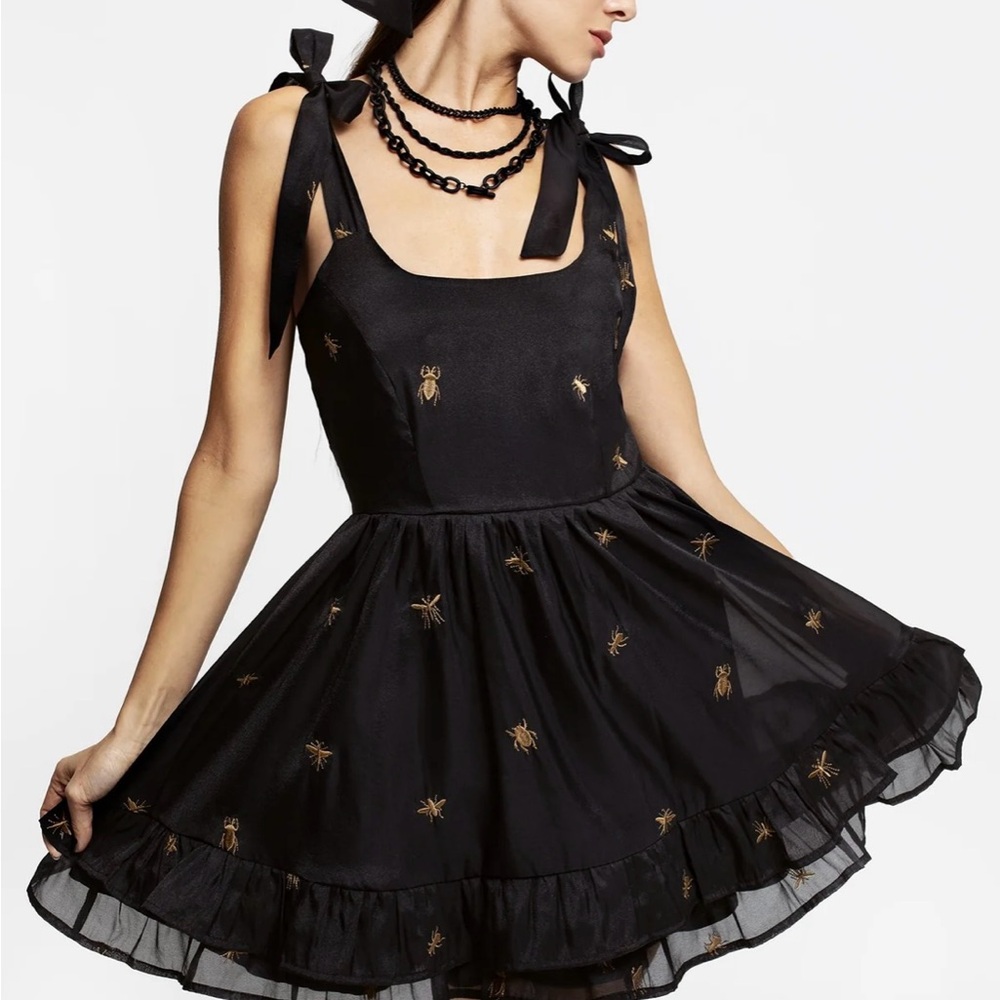 Black Embroidered Tie-Shoulder Mini Dress
